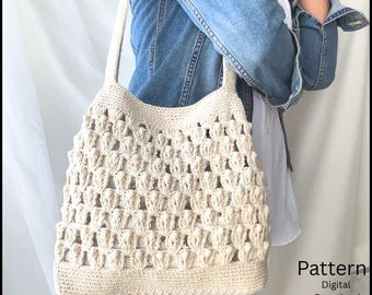 May include: A cream-colored crochet tote bag featuring a textured puff stitch pattern, a solid base, and two shoulder straps. The image includes the text Pattern Digital Download, indicating this is a guide for creating the item shown.