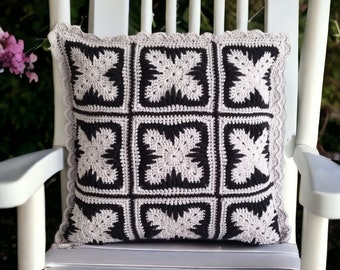 Crochet Cushion Cover, Gray Black Granny Squares, Eco Friendly Housewarming gift.