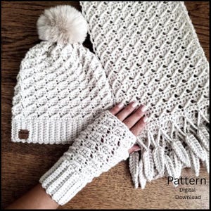Crochet pattern bundle, 3 in 1, scarf beanie fingerless gloves, winter accessories.