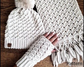 Crochet pattern bundle, 3 in 1, scarf beanie fingerless gloves, winter accessories.