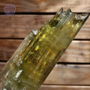 May include: A large, translucent green and yellow crystal with striations. The crystal is pointed at one end and has a rough, natural texture.