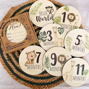 Lot de 7 plaques en bois pour bébé, thème animaux sauvages (double face)
