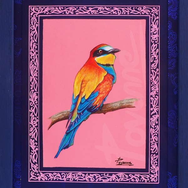 Peinture oiseau exotique multicolore acrylique sur papier, original et unique