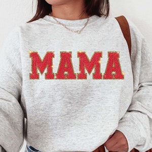 Moletom bordado para o Dia das Mães, suéter com patch da MAMA, presente para mães dos filhos, presente de aniversário para mães, camiseta fofa para novas mães, gola redonda para mamãe de Natal