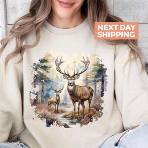 Retro Deer Wilderness Scene Sweatshirt, Nineties Vintage Buck And Doe Deer Outfit, Boho Unisex Deer Sweater, Hunting Crewneck, Deer Shirt