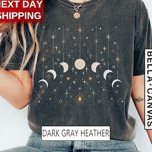 Camisa celestial, camisetas com estampa da Lua, camiseta com estampa da Lua, astrologia com as fases da Lua, camiseta feminina com estampa da Lua, tingida para roupa, presente para ela