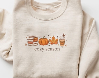 Cozy Season Sweatshirt, Books Lover Fall Gift, Womens Pumpkin Season Shirt, Cute Pumpkin Shirt, Autumn Leaf Shirt, Fall Coffee Latte Shirt