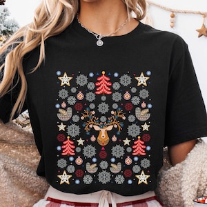 Scandinavian Christmas Shirt, Cottage Core Botanical Shirt, Norwegian Folk Art Shirt, Scandinavian Reindeer Shirt, Christmas Gift For Women