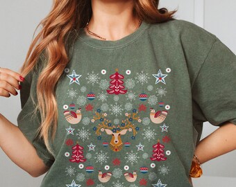 Scandinavian Christmas Comfort Colors® Shirt, Cottage Core Norwegian Folk Art Shirt, Vintage Xmas Flower Art Shirt, Christmas Gift For Women