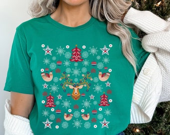 Scandinavian Christmas Shirt, Norwegian Folk Art Shirt, Cottage Core Hygge Botanical Shirt, Vintage Flower Shirt,  Christmas Gift For Women