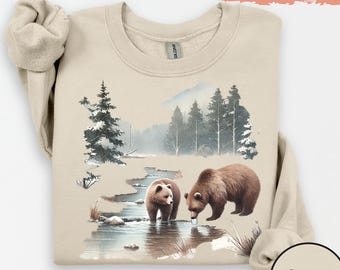 Retro Grizzly Bears Wilderness Scene Sweatshirt - Nineties 90s Vintage Bear Outfit - Boho Unisex Crewneck Sweatshirt, Bear Sweatshirt
