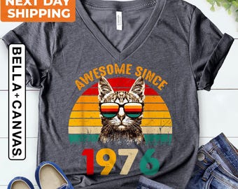 V Neck 1976 Retro Cool Cat Shirt, 50th Birthday Shirt, 50th Birthday Gift For Women, Awesome Since 1976 Shirt, Retro 1976 Shirt, 1976 Shirt