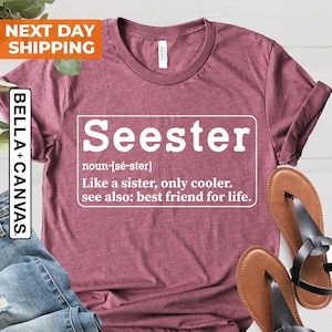 May include: Heather maroon t-shirt with white text that reads "Seester" and a definition: "noun-[sé-ster] Like a sister, only cooler. see also: best friend for life."
