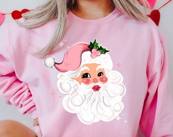 Pink Christmas Santa Sweatshirt, Retro Pink Santa Sweatshirt, Classic Christmas Santa Sweatshirt, Vintage Santa Holiday Shirt, Pajamas Santa