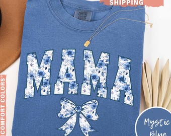Comfort Colors® Mama Shirt, Blue Ribbon Shirt, Mothers Day Gift, Girly Aesthetic Gift For Mom, Cute Mom Shirt, Bow Shirt, Chinoiserie Shirt