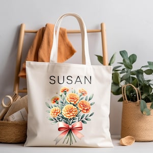 Benutzerdefinierte Geburt Blume personalisierte Canvas Tragetasche, Geburtstagsgeschenk für sie, Geschenk für Mama, Hochzeitsgeschenk, Brautjungfer Geschenke, Muttertag Tragetasche