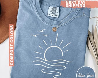 Comfort Colors Sun Ocean Shirt - Linear Graphic Boho Summer T Shirt - Trendy Beach Tee - Cute Minimalist Summer Tee