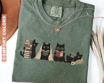 Black Cats Reading Shirt, Book Lover Cat Sweatshirt, Cozy Reader Gift For Her, Comfort Colors®