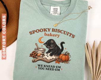 Comfort Colors® Kitty Biscuits Shirt Spooky Season Tee Black Cat Halloween Fall TShirt Vintage Baking Pumpkin T-Shirt Cat Lover Fall Gift