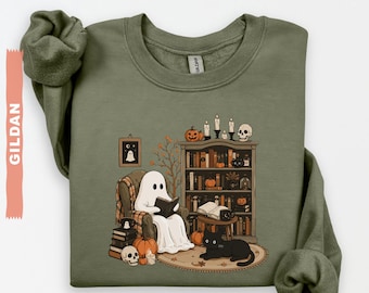 Retro Ghost Reading Sweatshirt, Halloween Librarian Teacher Gift