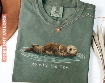 Go With The Flow Shirt, Cute Otter Comfort Colors® Tee, Sea Otter Lover Gift, Vintage Nature Graphic T-shirt, Ocean Life Apparel, Retro