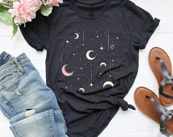 Celestial Shirt, Moon T-Shirts, Moon Graphic T-Shirt, Moon Phase Astrology Astronomy, Women Moon Gift Tee, Garment Dyed, Gift For Her