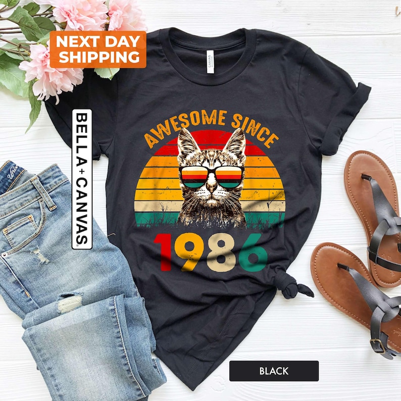 1986 Retro Cool Cat Shirt, Vintage 1986 Shirt, Awesome Since 1986 , 40th Birthday Shirt, 40th Birthday Women, Classic 1986 Shirt, 1986 Shirt image 1