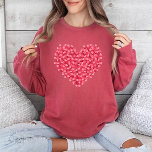 May include: A red sweatshirt with a large heart design made up of smaller pink hearts.