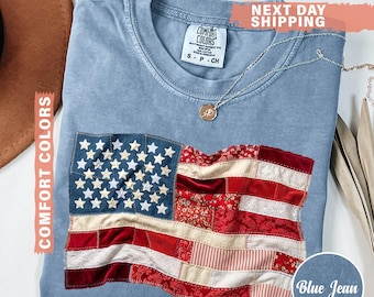Comfort Colors® Faux Patchwork USA Shirt,4th of July Shirt, Retro American Flag Shirt, Patriotic Shirt, Fourth of July Shirt, USA Flag Shirt