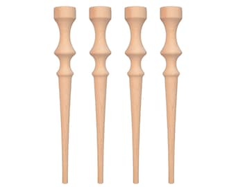 May include: Four unfinished wooden table legs with a turned design. Each leg has a bulbous middle section and a tapered bottom.