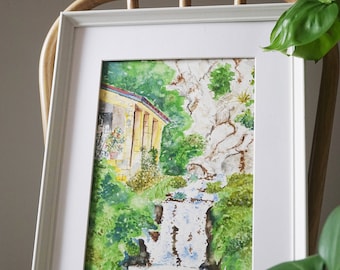 Waterfall Watercolor Painting, Original Nature Art, Lush Landscape Wall Art, Unframed