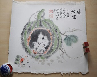 Pet Portrait Painting Chinese Style, Guinea Pig Original Art, Gift For Art Lover