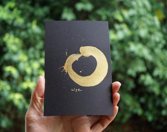 Enso Circle Art, Gold, Wabi Sabi Zen Calligraphy on Black Paper, Minimalist Decor