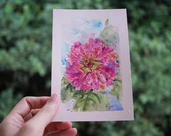 Zinnia Flower Painting, Original Art Gift For Friend, Small Painting, Farmhouse Wall Decor