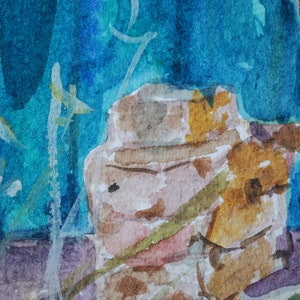 May include: A watercolour painting showing a vase in shades of brown and yellow, set against a backdrop of blue and turquoise. Fine white and green brushstrokes suggest foliage. The artwork uses a soft, blended style, creating a tranquil atmosphere.