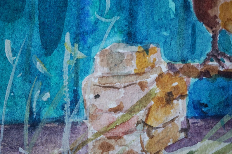 May include: A watercolour painting showing a vase in shades of brown and yellow, set against a backdrop of blue and turquoise. Fine white and green brushstrokes suggest foliage. The artwork uses a soft, blended style, creating a tranquil atmosphere.
