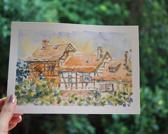 Alsace Painting, Original Watercolour of Eguisheim Village, French Scenery Painting