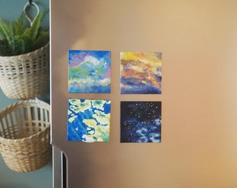 Hand-painted Magnetic Canvas Moving Gift, Nature-inspired Miniature Painting on Magnet, Fridge Deco Wedding Favor