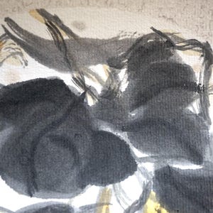 May include: Abstract watercolor painting featuring dark gray, rounded shapes resembling leaves or petals. The artwork includes thin, curved lines in shades of brown and yellow, set against a light background.