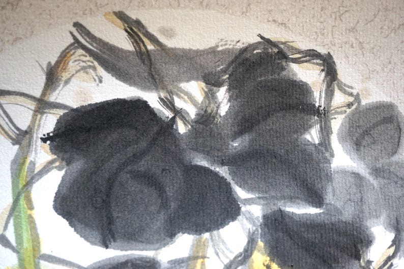 May include: Abstract watercolor painting featuring dark gray, rounded shapes resembling leaves or petals. The artwork includes thin, curved lines in shades of brown and yellow, set against a light background.