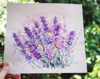 ラベンダーの絵画 オリジナル水彩画 フランスの花の絵画 ラベンダーの