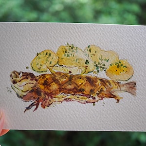 Original Watercolor Fish Painting: Grilled Saibling Kitchen Art
