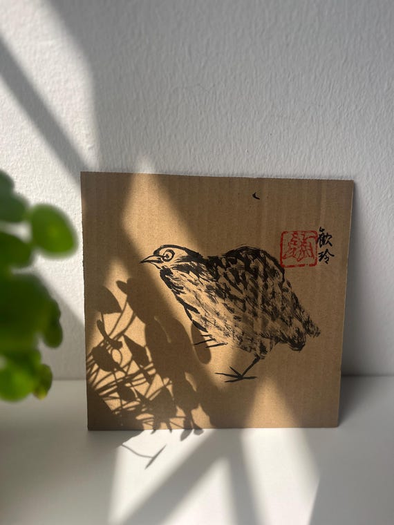 Original Chinese Painting, Hand-painted Quail Bird, Ink Painting on Cardboard