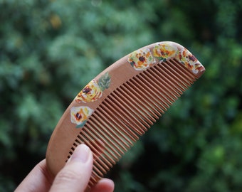 Unique Floral Comb, Hand-painted Wooden Comb, Decorated Roses Hair Accessories, Peach Wood, Unique Gift For Mum/Dad, Wedding Comb