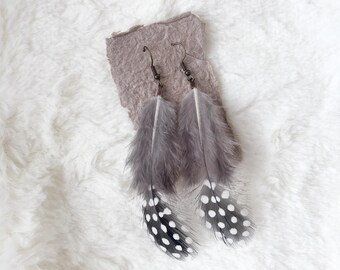 May include: A pair of dangle earrings featuring long, soft gray feathers attached to dark metal hooks. The lower sections of the feathers display a distinct pattern of white polka dots against a dark gray and black background.