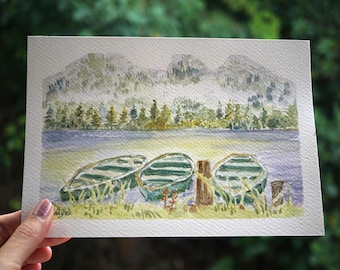 シレンツィ - オリジナルの水彩画、湖の風景画、山、森、穏やかな水