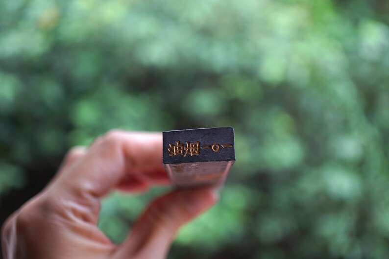 May include: A rectangular, dark-colored ink stick with gold lettering. The ink stick is held in a hand against a blurred green background. The gold lettering appears to be Chinese characters.