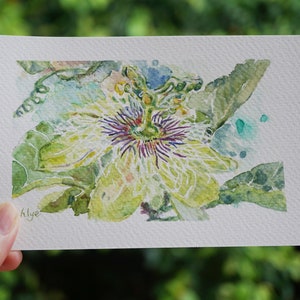 Dipinto di piccolo fiore di frutto della passione, decorazione originale per la cucina, regalo di fiori ad acquerello Passiflora