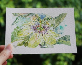 Passionfruit Flower Original Painting, Tropical Fruit Small Painting, Gift For Mum, Watercolor Botanical Art, Kitchen Wall Decor