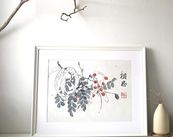 Sumi e Painting, Acacia/Saga Seed Art, Original Chinese Botanical 16x12, Unframed